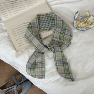 格子细长条窄丝巾女百搭装饰小领巾长款条纹腰带发带绑包棉麻飘带