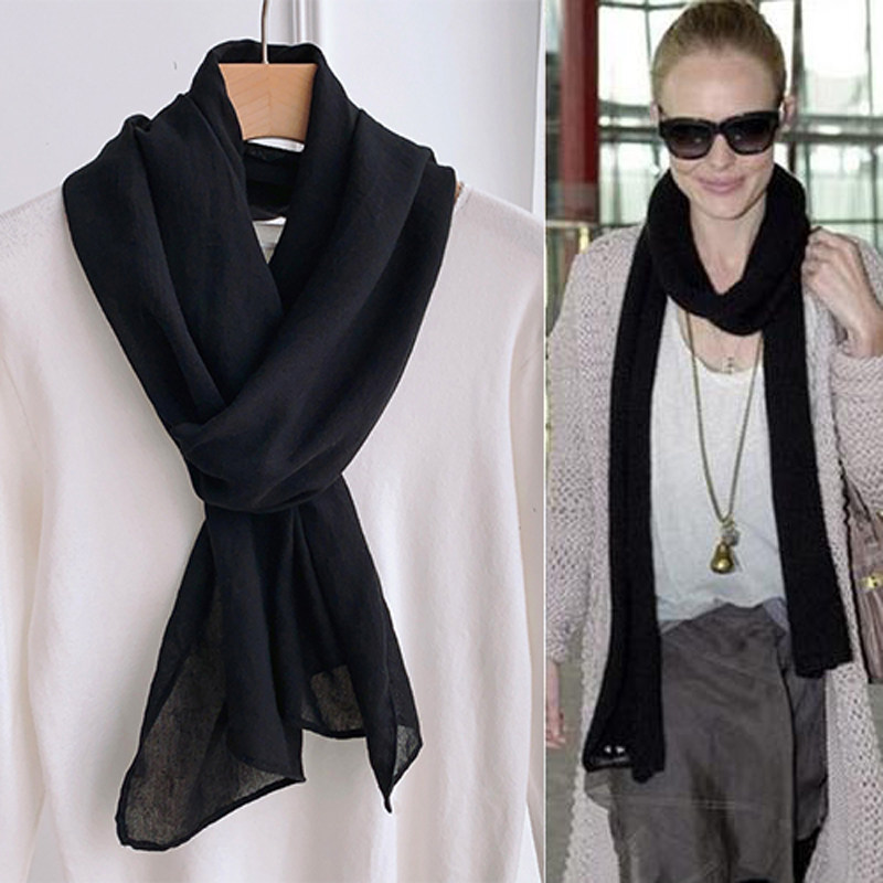 夏季百搭装饰护颈长条纯色薄丝巾