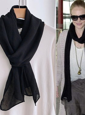 黑色2米细窄长款棉麻围巾女韩版冬季百搭装饰护颈长条纯色薄丝巾