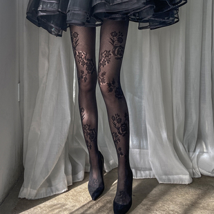袜女T裆个性 暗格子防勾丝连裤 花纹提花丝袜性感黑丝复古花朵薄款