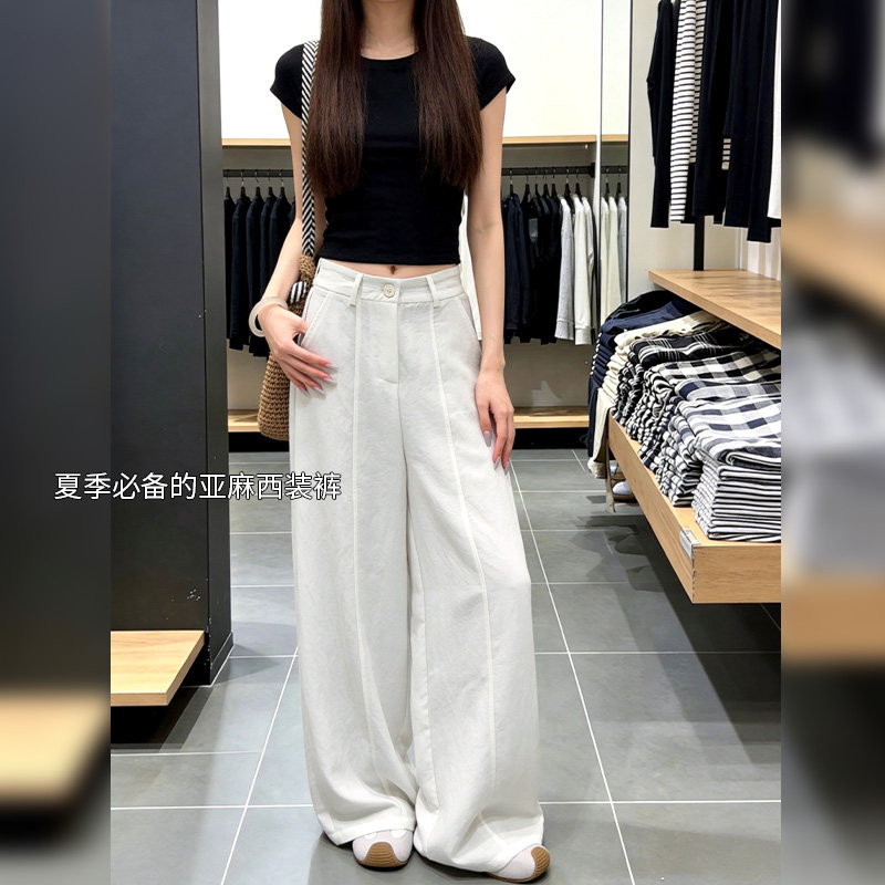 天丝亚麻裤子女拉链夏季2026新款韩系高腰修身垂感阔腿裤