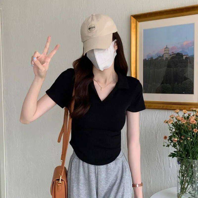 韩版POLO领纯色收腰显瘦别致减龄百搭短袖T恤女2024夏季新款上衣
