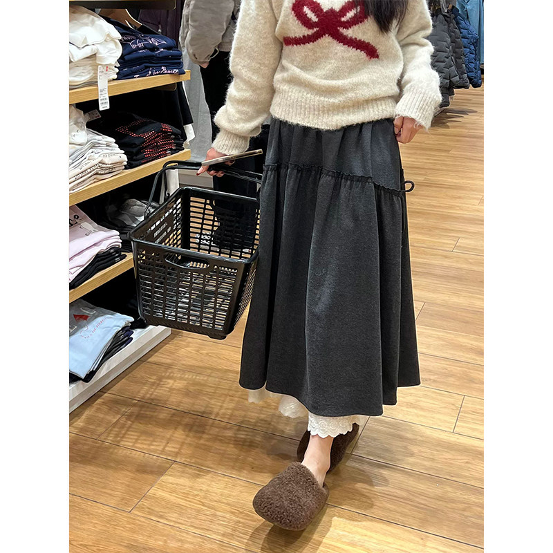 咖色毛呢半身裙女秋冬2026新款修身蕾丝花边a字裙伞裙超美中长裙