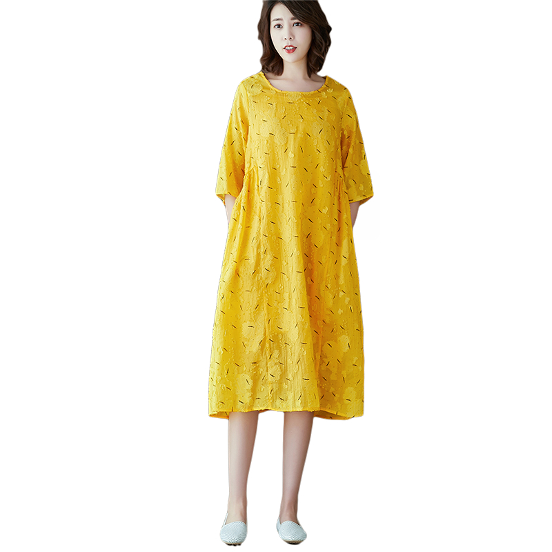 2022春夏季新款女士品质高端轻奢百搭减龄丝棉宽松大码黄色连衣裙
