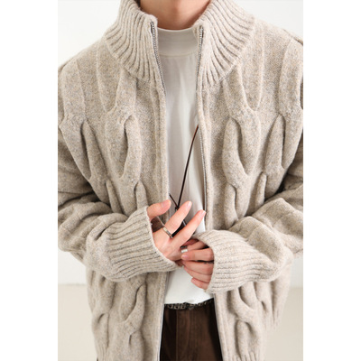 冬季港风大码麻花开衫毛衣男士