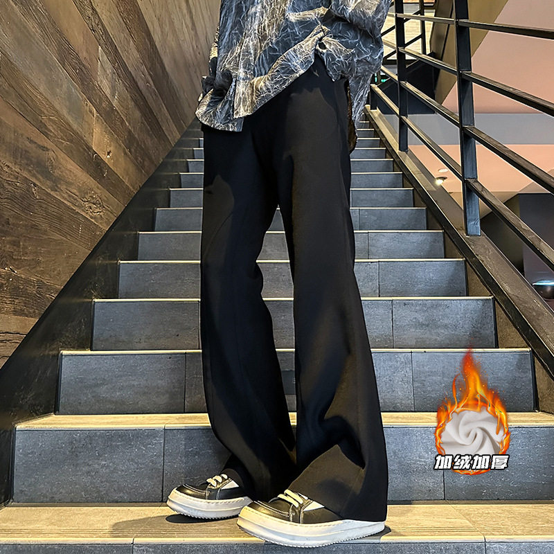 微喇加绒加厚西裤男宽松直筒休闲裤垂感高级黑色痞帅裤子潮流长裤