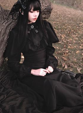 muggle studio 原创法式黑色斗篷收腰复古秋冬气质鱼尾长连衣裙