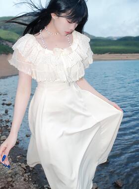 muggle studio “芬芳”原创优雅感复古斗篷蕾丝夏季花边连衣长裙