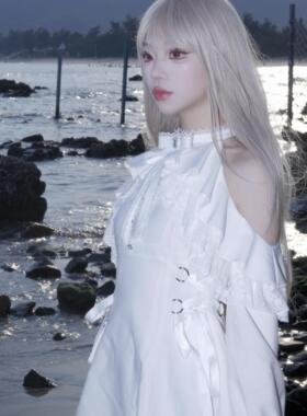 muggle studio 原创 设计秋白色蕾丝长袖露肩绑带收腰显瘦连衣裙