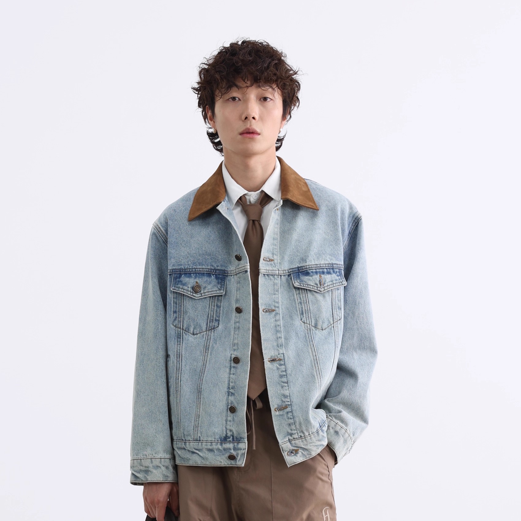 美式复古做旧拼色麂皮牛仔外套男