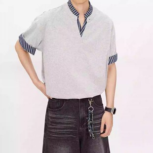 假两件学院风V领短袖男款2026夏季美式复古半袖宽松休闲男生T恤