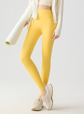 鲨鱼裤女外穿黄色秋季薄款高腰收腹提臀瑜伽打底黄色2025新款健身