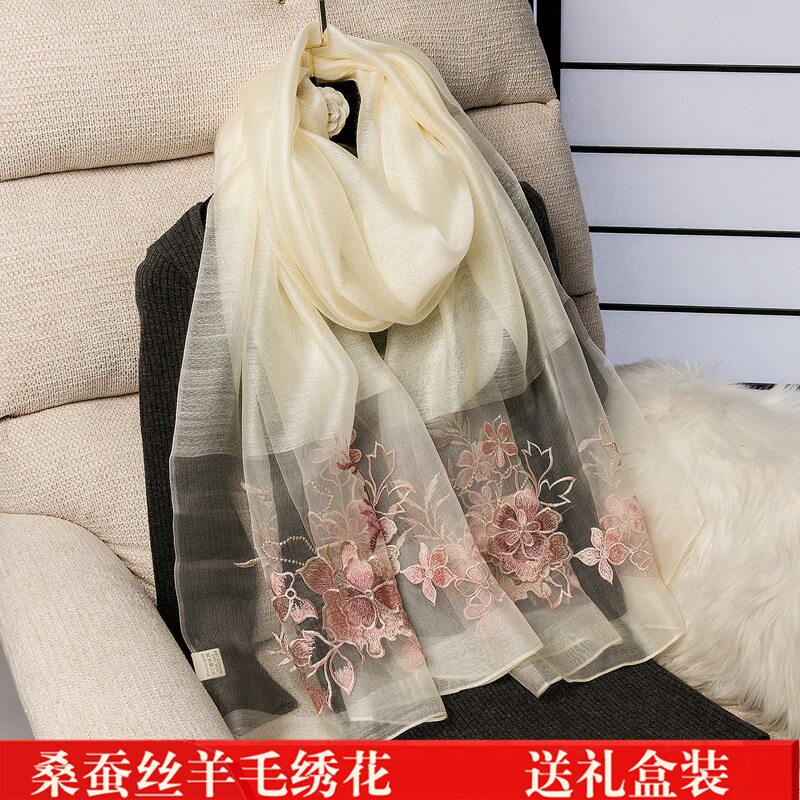 杭州丝绸高档刺绣真丝羊毛丝巾女秋冬薄款桑蚕丝围巾纱巾披肩