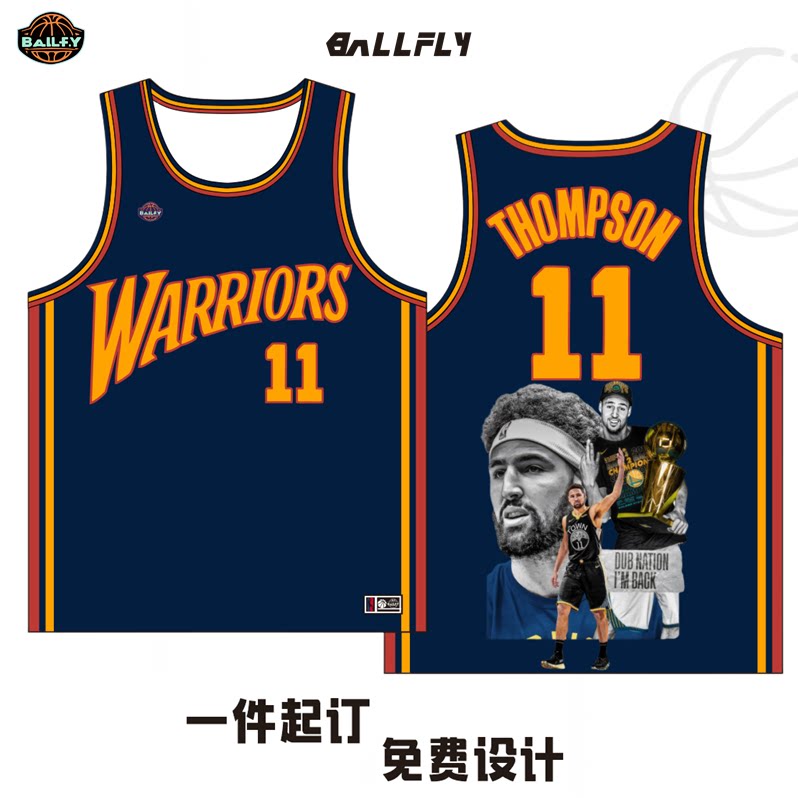勇士队汤普森美式复古篮球服定制图片
