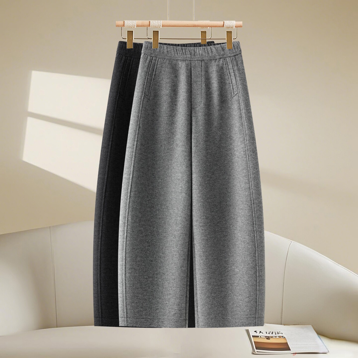 毛呢弯刀裤女2026春秋季新款高腰显瘦遮肉休闲百搭宽松九分阔腿裤