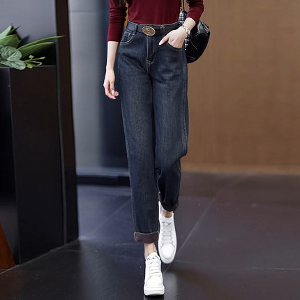 高腰牛仔哈伦裤女2025新款秋冬款加绒老爹裤小个子显瘦百搭休闲裤
