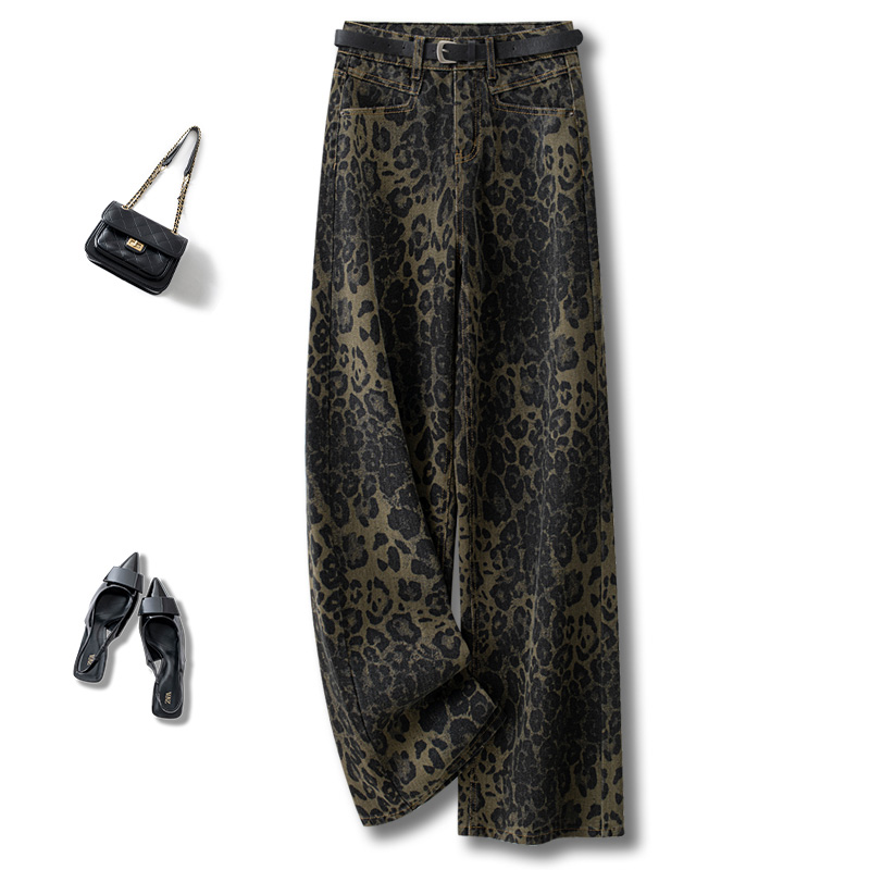 豹纹加绒阔腿牛仔裤女秋冬2025新款高腰休闲拖地裤迷彩直筒裤