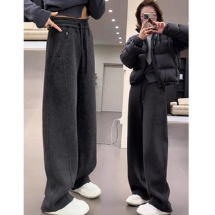 加绒加厚休闲阔腿卫裤 新款 子 女2025秋冬季 深灰色毛呢运动弯刀裤