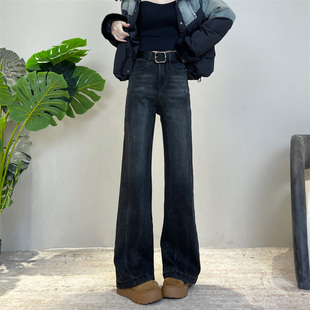 黑色直筒微喇牛仔裤女冬季加厚绒新款喇叭裤子烫钻高腰窄版阔腿裤