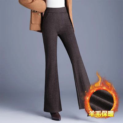 蚕丝羊毛呢高腰微喇裤女2025冬季新款松紧腰保暖加厚休闲喇叭裤子
