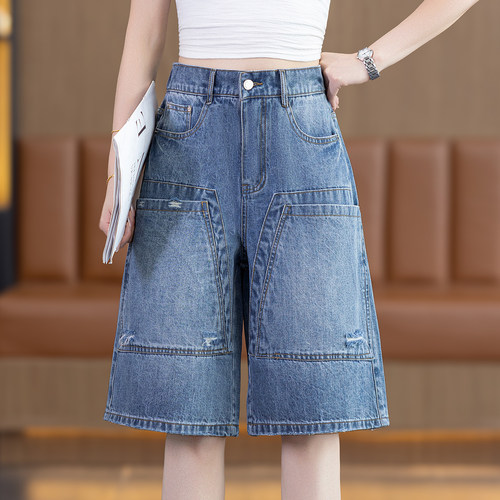 多口袋显瘦牛仔阔腿裤女2026年夏季高腰薄款宽松遮肉百搭休闲短裤