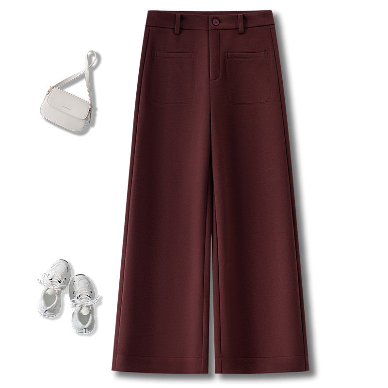 安可拉红加绒毛呢阔腿裤女秋冬2025新款高腰宽松小个子直筒裤