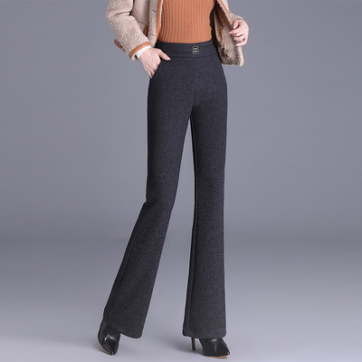 杏色微喇裤女秋冬季2025新款松紧高腰直筒裤加绒加厚毛呢喇叭裤子