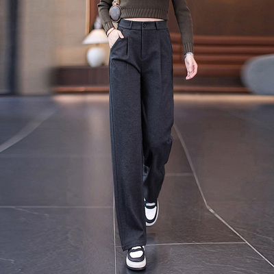 加厚毛呢阔腿裤女2025秋冬新款高腰垂感宽松休闲窄版直筒西装裤子