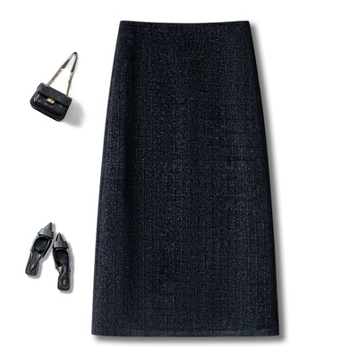 小香风黑色直筒半身裙女秋冬2025新款高腰时尚中长款后开叉包臀裙