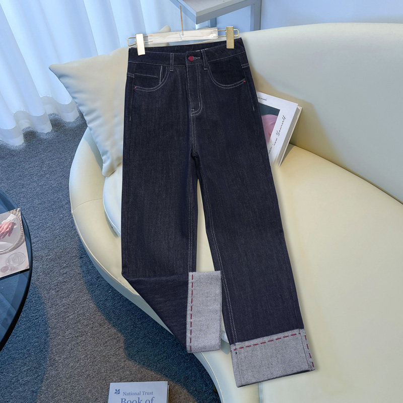 翻边直筒牛仔裤女春秋2025新款法棍裤深蓝色小个子九分卷边烟管裤