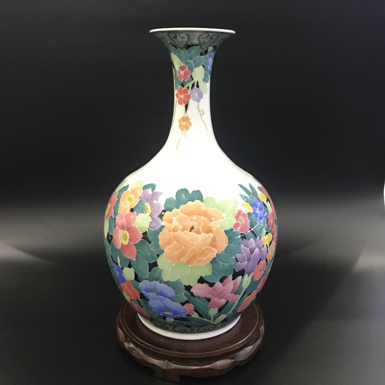 湖南醴陵釉下五彩瓷手绘花瓶#72花色黑底满花高度约41.5cm