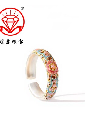 足银9999描金珐琅新中式宫廷海棠花戒指国潮风开口轻奢小众指