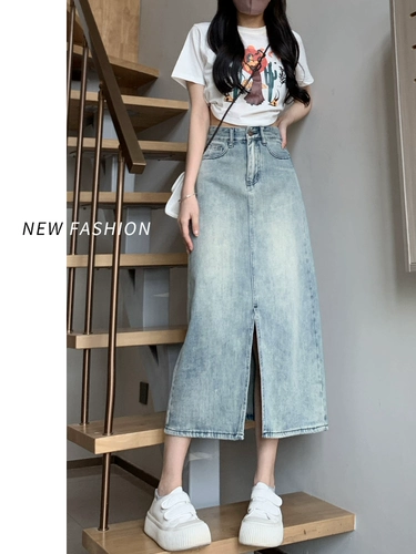 Светлая летняя дизайнерская длинная джинсовая юбка, 2024 года, А-силуэт, тренд сезона, средней длины