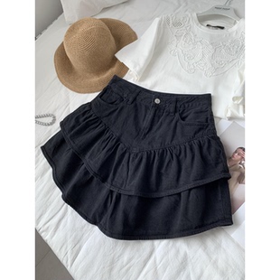 捡漏!淘到国外商场249+高腰A字荷叶边裙棉质做旧款牛仔半裙K805