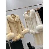省钱 宽松斗篷毛呢外套T149 同品质800 46.8绵羊毛 狐狸毛领