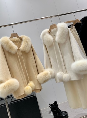 省钱！46.8绵羊毛！狐狸毛领！同品质800+宽松斗篷毛呢外套T149