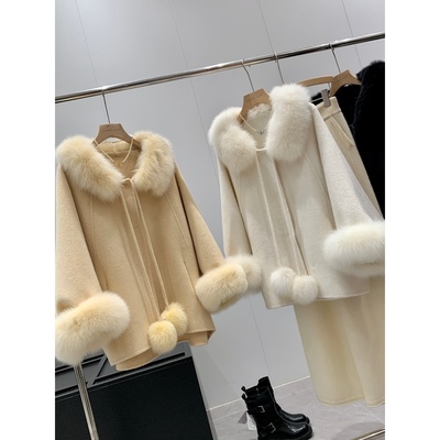 省钱！46.8绵羊毛！狐狸毛领！同品质800+宽松斗篷毛呢外套T149