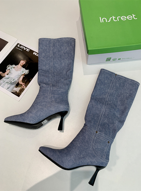 捡漏！淘到国外600+时尚舒适女鞋仿牛仔皮质筒靴高跟长靴R852