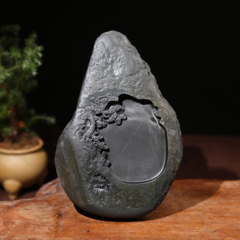 四大名坑金星坑包浆籽料歙砚 文房四宝精雕山水收藏原石端砚砚台