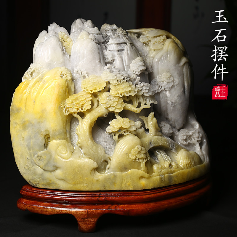 天然原石玉石摆件纯手工雕刻高档孤品林泉高致家居山水装饰品客厅玄关书房艺术工艺礼品摆件开业乔迁送礼佳品