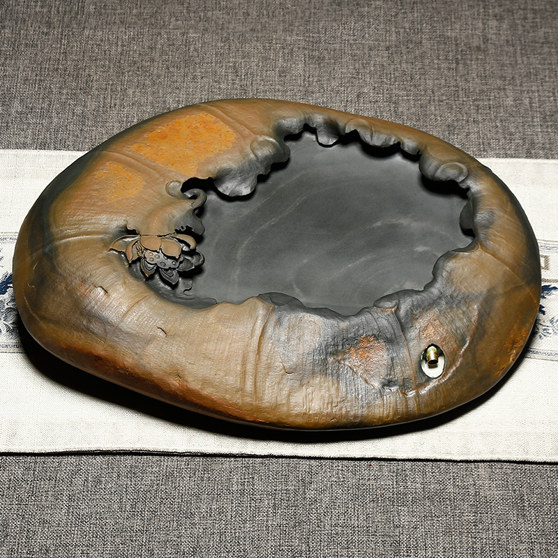 安徽整块原石湿泡茶盘【非遗手工 一物一拍】歙砚石茶台排水式办公收藏 天然金皮籽料文房四宝砚台胜乌金