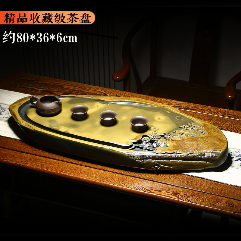 中国歙砚精品收藏级砚台茶盘茶海文房四宝水坑金晕籽料中国风家用茶具功夫茶具小桥流水石头茶台胜端砚石茶盘