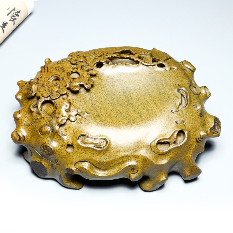 国家非遗作品【大师手工 精品一物一拍】歙砚石砚台 傲雪东梅 老坑黄鱼子原石高档四大名砚文房四宝胜端砚