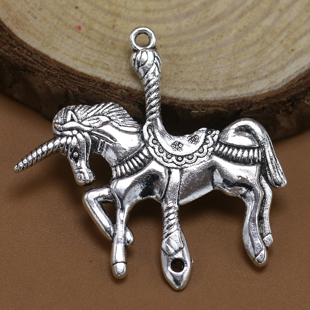 DIY饰品配件 古银色合金双面旋转木马吊坠挂件 双孔独角兽连接器