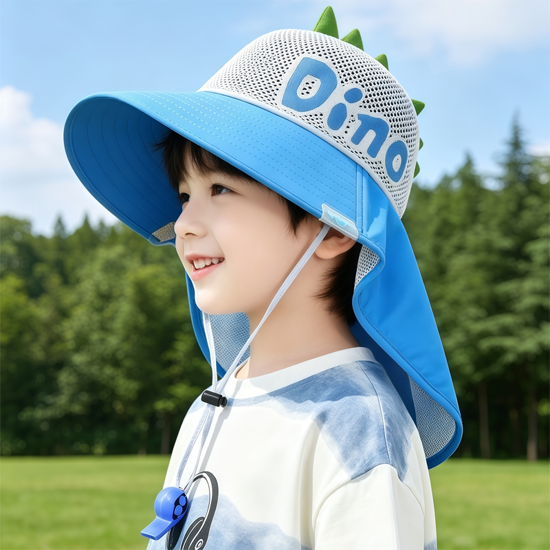 儿童防晒帽男童恐龙披肩遮阳帽大帽檐宝宝太阳帽防紫外线户外夏季