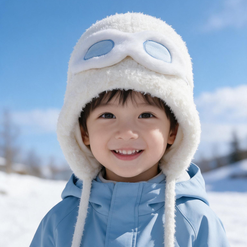 儿童眼睛毛绒帽男童冬季护耳加厚保暖防寒飞行员女童可爱套头帽子