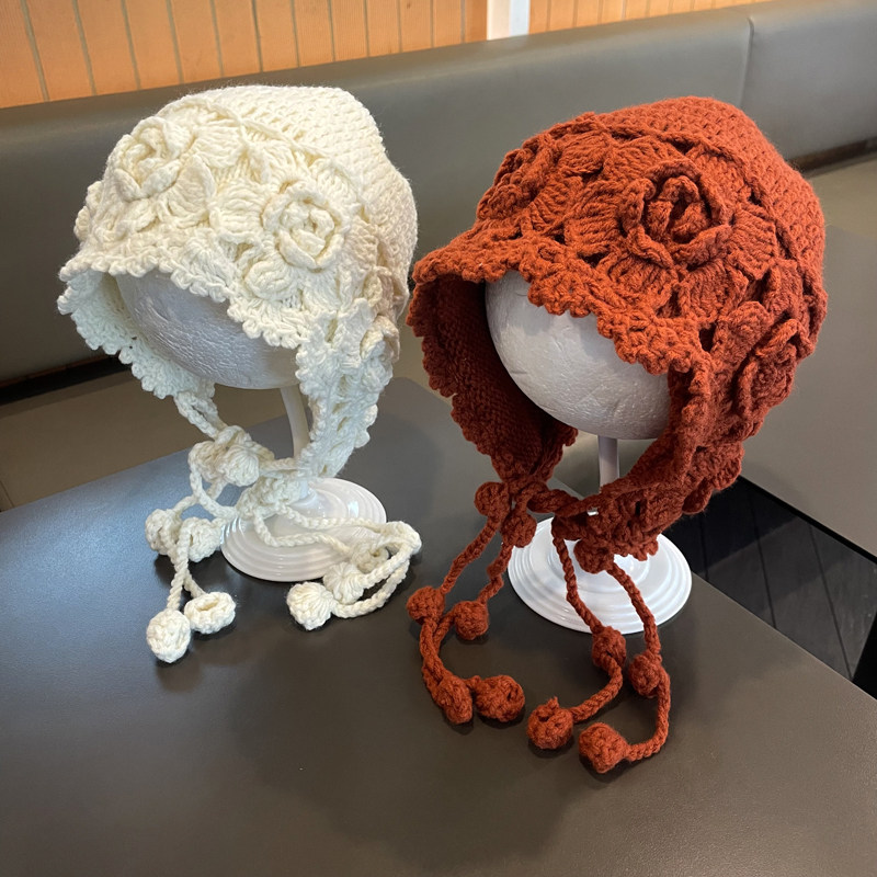 宝宝手工立体花女童护耳帽镂空针织包头帽婴幼儿毛线公主帽秋冬天