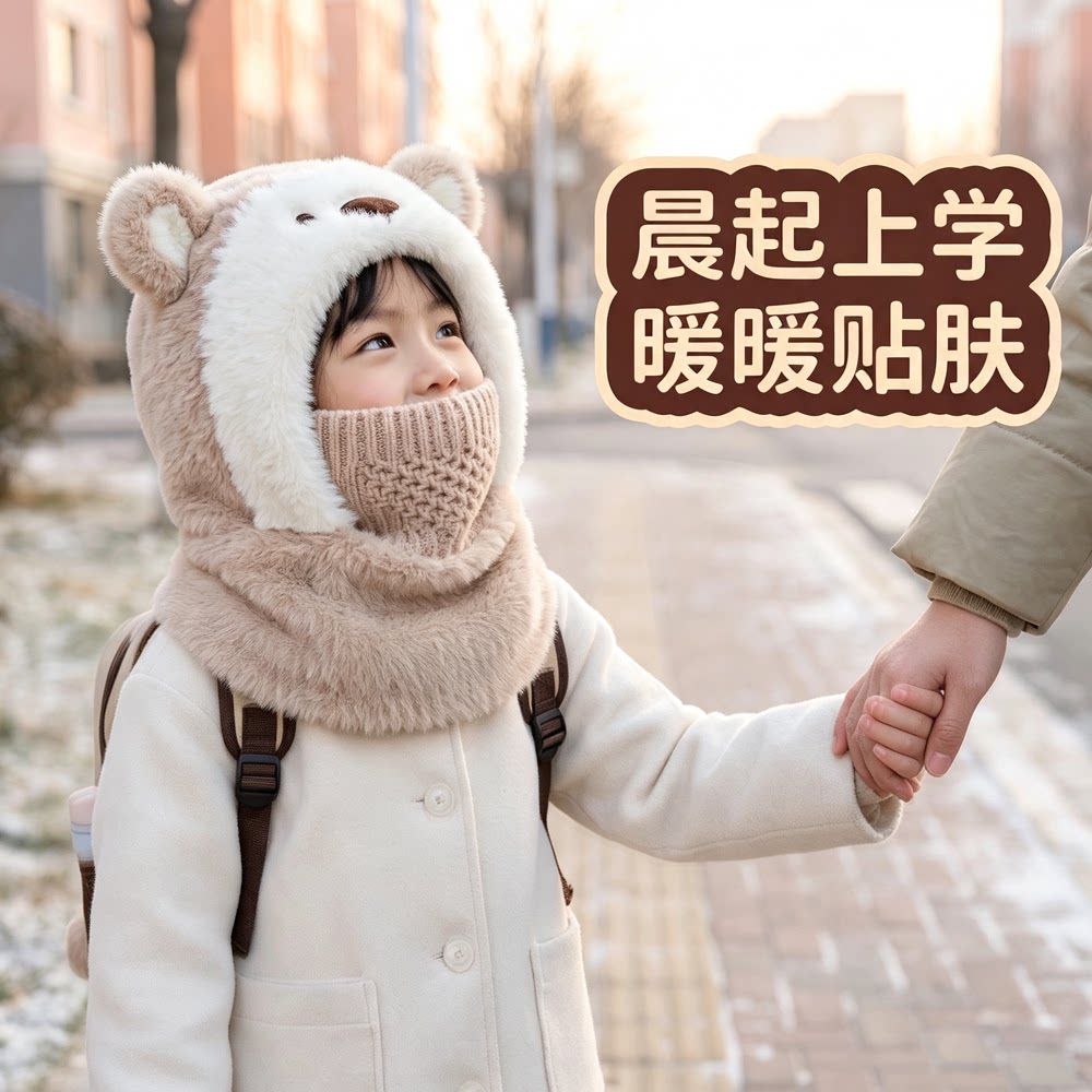 宝宝一体帽子男女童保暖加厚口罩围脖毛绒帽儿童防风护耳帽秋冬季