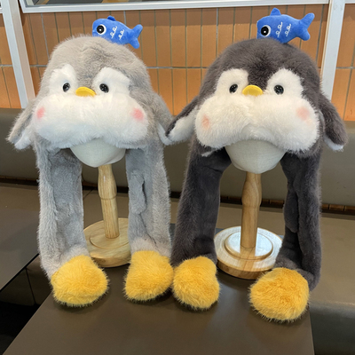 儿童帽子围巾一体会动耳朵男女宝宝保暖加厚毛绒帽企鹅套帽秋冬季