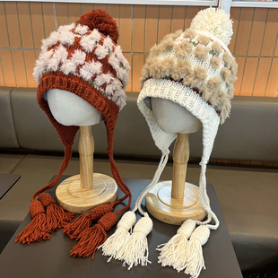 儿童帽子手工保暖护耳针织帽女童毛球辫子宝宝毛线帽时尚秋冬季潮